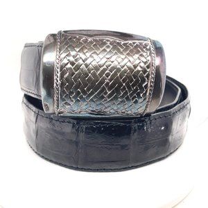 J&M Davidson Black Shiny Mens Leather Buckle Belt Silver Tone